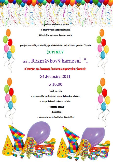 Pozvánka do Kysuckej knižnice v Čadci na Rozprávkový karneval, 24. 2. 2011 o 16.00 hod.