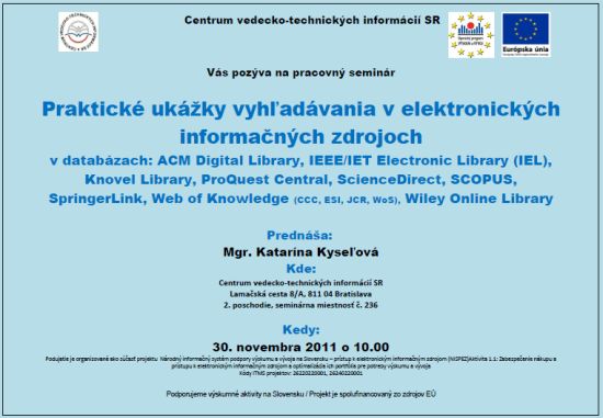 Pozvánka do Centra VTI SR na pracovný seminár, 30. 11. 2011 o 10.00 hod. 