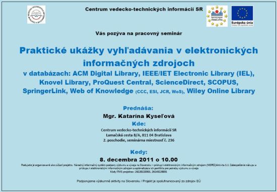 Pozvánka do Centra VTI SR na pracovný seminár, 8. 12. 2011 o 10.00 hod.