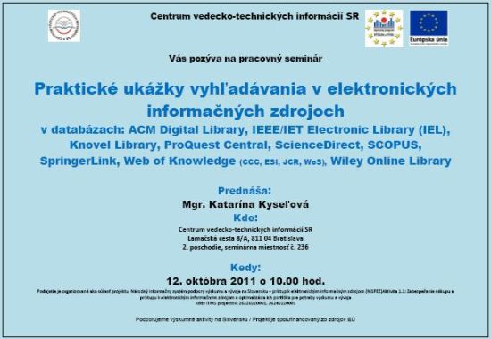Pozvánka do Centra vedecko-technických informácií SR na pracovný seminár, 12. 10. 2011 o 10.00 hod. 
