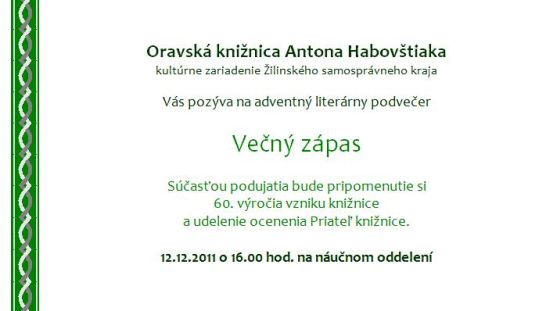 Pozvánka do Oravskej knižnice Antona Habovštiaka na adventný podvečer, 12. 12. 2011 o 16.00 hod.
