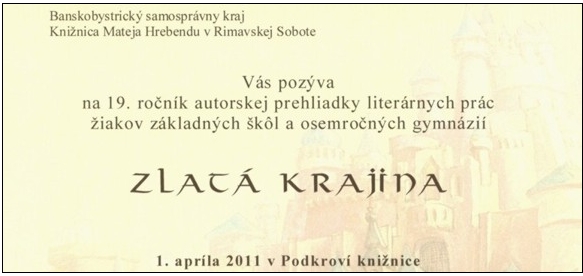 Pozvánka do Knižnice Mateja Hrebendu v Rimavskej Sobote na 19. ročník autorskej prehliadky literárnych prác, 1. 4. 2011