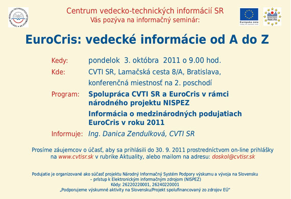 Pozvánka do Centra vedecko-technických informácií SR na informačný seminár, 3. 10. 2011 o 9.00 hod. Prihlásenie do 30. 9. 2011.