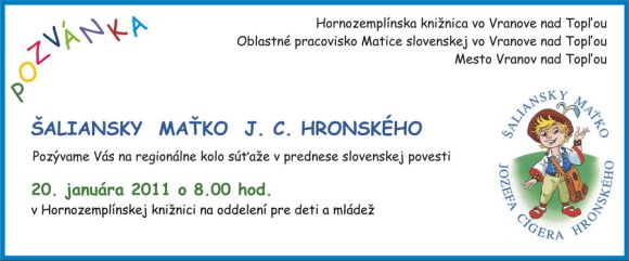 Pozvánka do Hornozemplínskej knižnice vo Vranove nad Topľou na súťaž v prednese slovenskej povesti, 20. 1. 2011 o 8.00 hod.