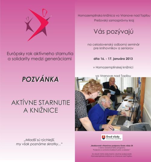 Pozvánka do Hornozeplínskej knižnice vo Vranove nad Topľou na celoslovenský odborný seminár pre knihovníkov a seniorov, 16. – 17. 1. 2013