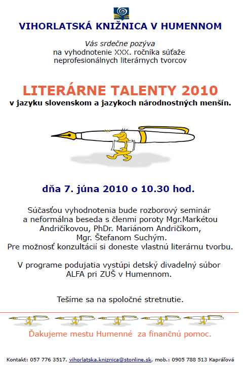 Pozvánka do Vihorlatskej knižnice v Humennom na vyhodnotenie XXX. ročníka súťaže Literárne talenty 2010, 7. 6. 2010 o 10.30 hod. 