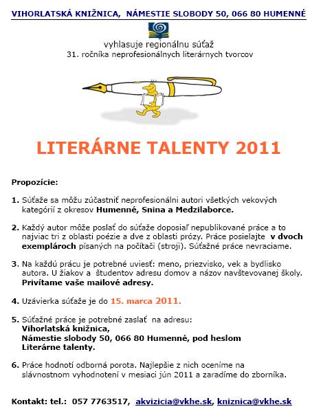 Vyhlásenie 31. ročníka regionálnej súťaže neprofesionálnych literárnych tvorcov, uzávierka 15. marca 2011.