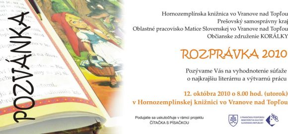 Pozvánka do Hornozemplínskej knižnice vo Vranove nad Topľou na vyhodnotenie literárnej a výtvarnej súťaže, 12. 10. 2010 o 8.00 hod.