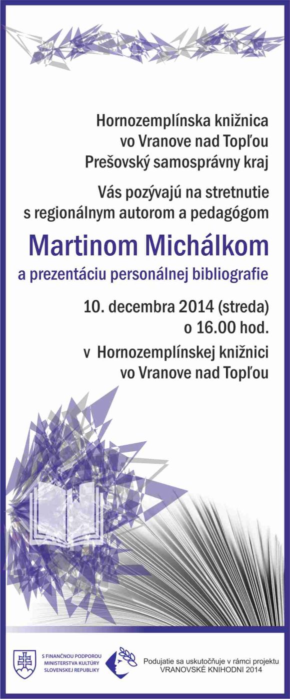 Hornozemplínska knižnica vo Vranove nad Topľou, 10. december 2014 o 16.00 hod.
