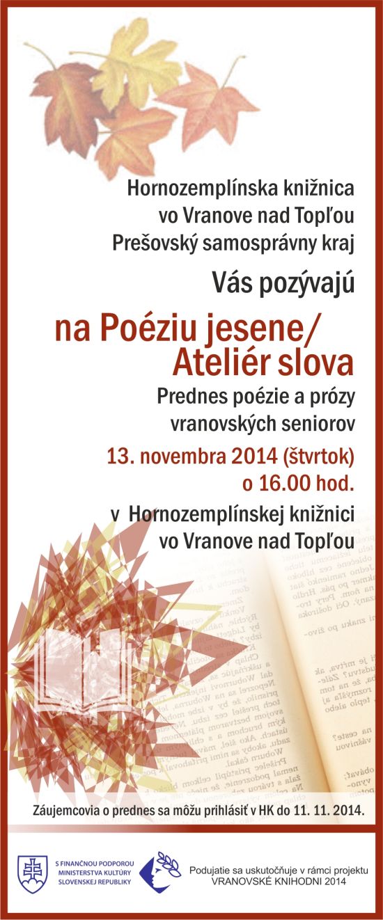 Hornozemplínska knižnica vo Vranove nad Topľou, 13. novembra 2014 o 16,00 h