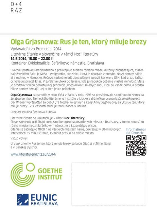 Pozvánka na literárne čítanie v rámci Noci literatúry, 14. 5. 2014