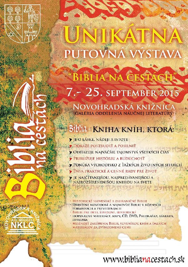 ojedinelá výstava biblií v Novohradskej knižnici v Lučenci, v dňoch od 07.09.2015 – 25.09.2015  