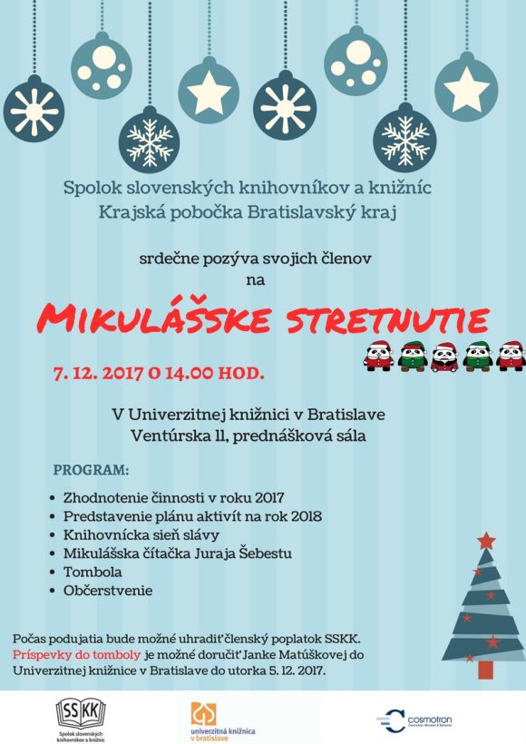 SSKK Krajská pobočka Bratislavský kraj pozýva svojich členov na Mikulášske stretnutie 7. 12. 2017 do Univerzitnej knižnice v Bratislave