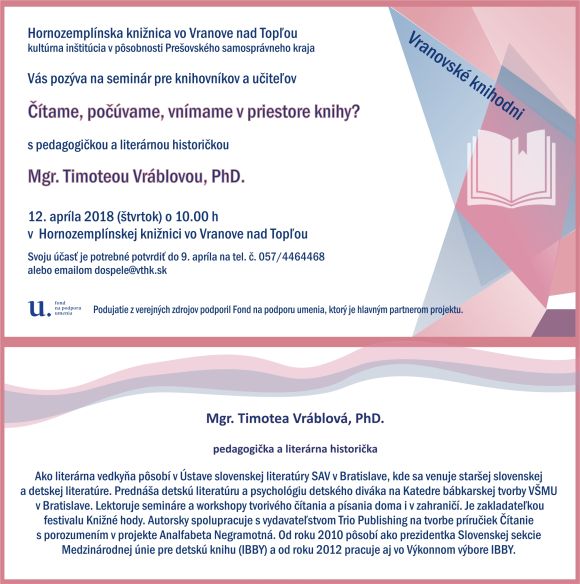 Seminár s Timoteou Vráblovou v Hornozemplínskej knižnici vo Vranove nad Topľou, 12. apríla 2018 (štvrtok) o 10.00 h 