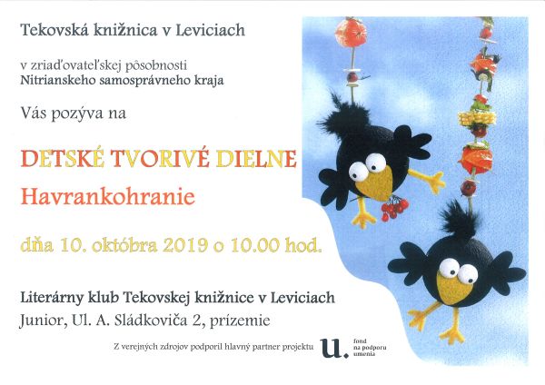 Detské tvorivé dielne pre deti - dňa 10. októbra 2019 o 10.00 hod. v Literárnom klube Tekovskej knižnice v Leviciach, Junior, Ul. A. Sládkoviča 2, prízemie. 