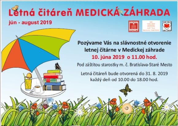 Staromestská knižnica Vás pozýva na otvorenie letnej čitárne v Medickej záhrade v pondelok 10. júna 2019 o 11.00 hod.