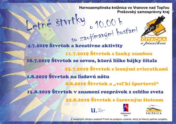 Letné štvrtky  od 4. 7. – 22. 8. 2019 v Hornozemplínskej knižnici vo Vranove nad Topľou