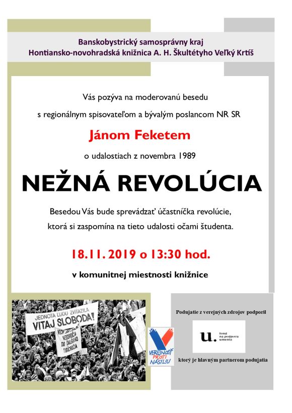 Moderovaná beseda o Nežnej revolúcii v Hontiansko-novohradskej knižnici  A. H. Škultétyho Veľký Krtíš 18. 11. 2019