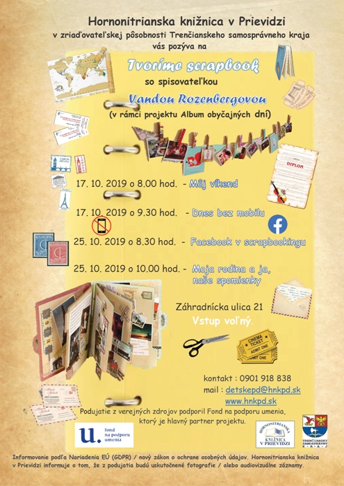 Hornonitrianska knižnica v Prievidzi pozýva dňa 17. 10. a 25. 10. 2019 na podujatie Tvoríme scrapbook.
