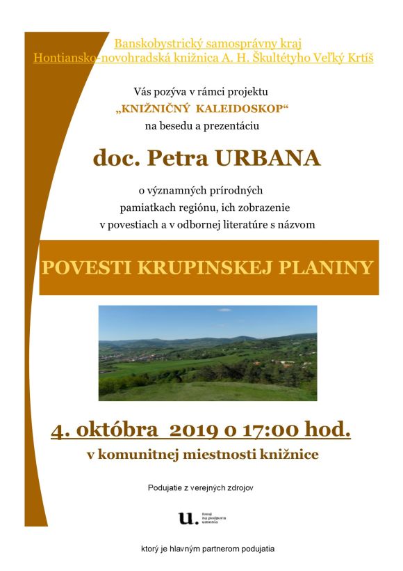 Beseda s doc. Petrom Urbanom dňa 4. 10.2019 o 17,00 hod. v komunitnej miestnosti Hontiansko-novohradskej knižnice A. H. Škultétyho Veľký Krtíš