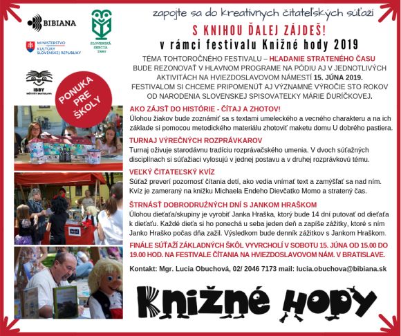 Zapojte sa do kreatívnych čitateľských súťaží, čitateľský festival sa bude konať 15. 6. 2019 na Hviezdoslavovom námestí v Bratislave. Súťaže sú zamerané na deti základných škôl. Zapojte sa do kreatívnych čitateľských súťaží, čitateľský festival sa bude konať 15. 6. 2019 na Hviezdoslavovom námestí v Bratislave. Súťaže sú zamerané na deti základných škôl.