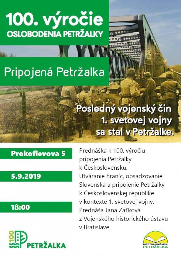  Prednáška Jany Zaťkovej z Historického ústavu Bratislava sa uskutoční 5. septembra 2019 o 18. 00 h. v pobočke Miestnej knižnice Petržalka - Prokofievova 5.