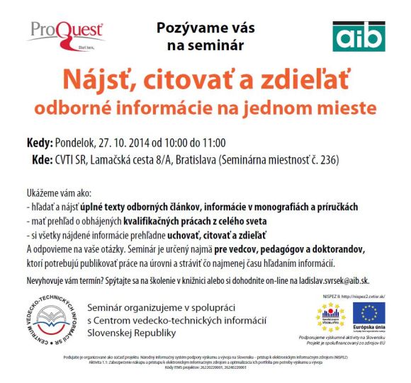 odborné informácie na jednom mieste – seminár, 27. 10. 2014 v Centre VTI SR