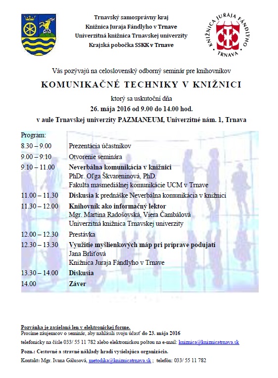 celoslovenský odborný seminár pre knihovníkov, 26. 5. 2016 v  aule Trnavskej univerzity PAZMANEUM