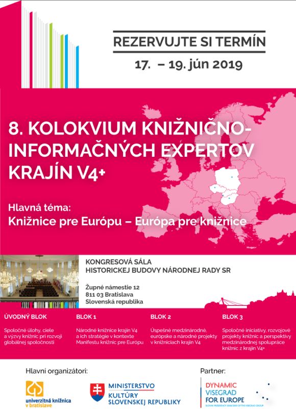 Pozvánka na 8. Kolokvium knižnično-informačných expertov krajín V4, 17. – 19. jún 2019 v historickej budove Národnej rady SR v Bratislave