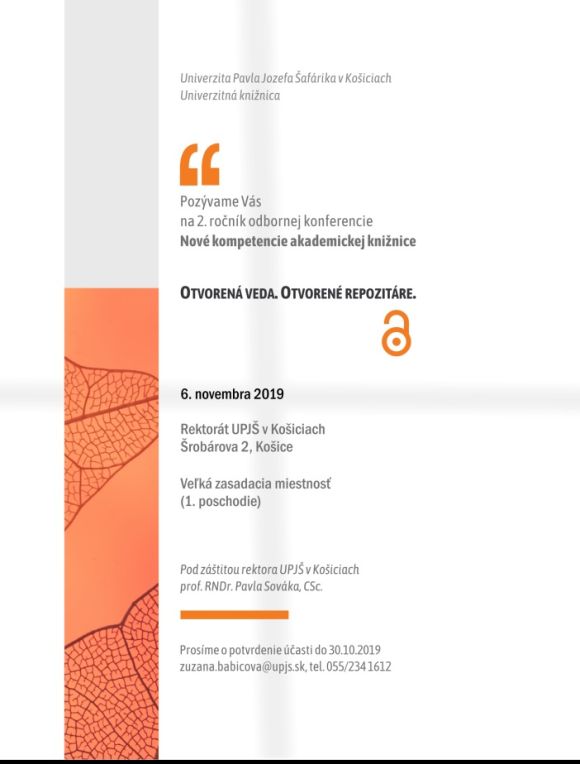 Pozvánka na 2. ročník odbornej konferencie, 6. 11. 2019 v UPJŠ v Košiciach
